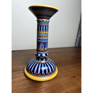 Hand-Painted Italian Ceramic Candlestick Holder, Terra di Siena Style Pottery 8"